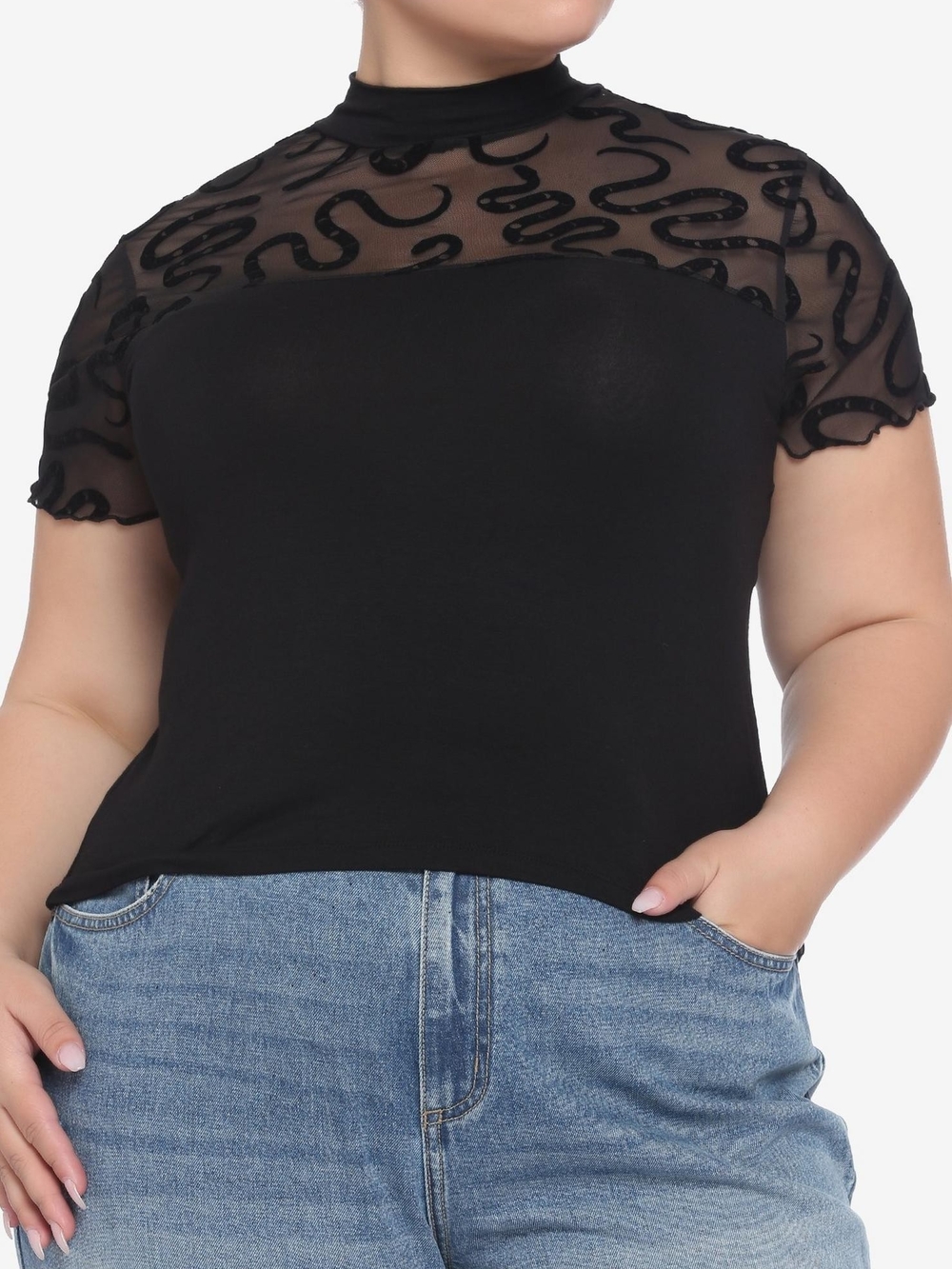 Black Flocked Snake Mesh Girls Crop Top Plus Size